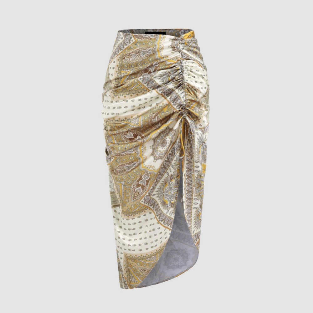 Cider Paisley Ruched Slit Satin Midi Skirt